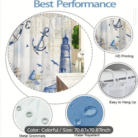 Nautical Lighthouse Coastal Theme Shower Curtain w/Hooks Machine Washable - Picture 2 of 5